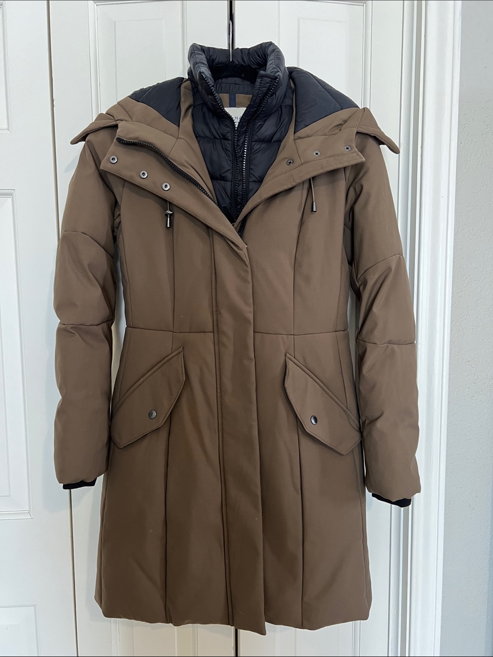 Cole Haan Brown Long Puffer Coat with Black Inner Vest